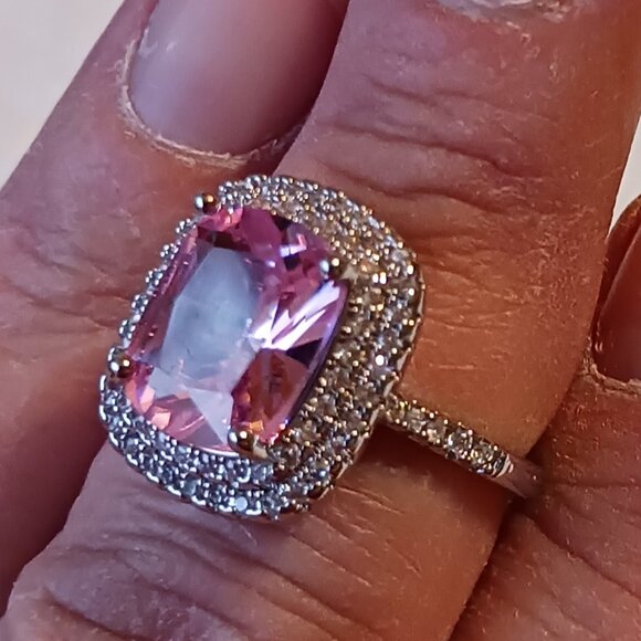 Silver Fashion Statement Halo Pink Tourmaline CZ Ring Size 8.5 NWOT - Picture 12 of 16